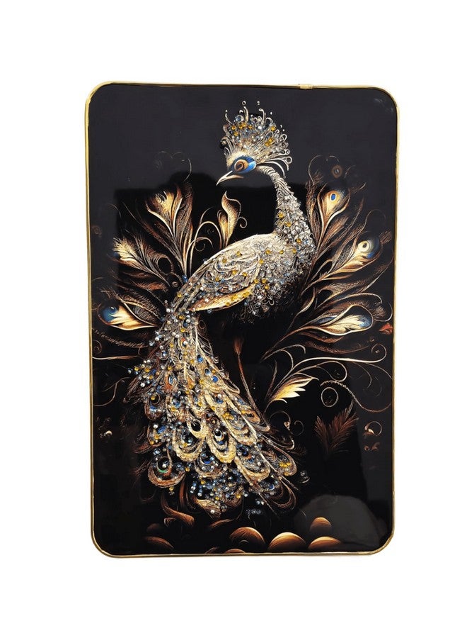 Masstone Decorative Peacock Wall Painting with Crystal Embedded High Gloss Surface Gold Slim Frame Embossed, 45x30 cm Wall Hanging Photos Home Décor Wall Art For Living Room, Bedroom, Office - Image 1