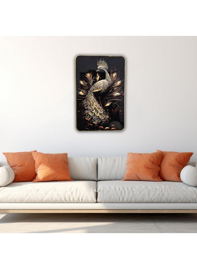 Masstone Decorative Peacock Wall Painting with Crystal Embedded High Gloss Surface Gold Slim Frame Embossed, 45x30 cm Wall Hanging Photos Home Décor Wall Art For Living Room, Bedroom, Office - Image 4