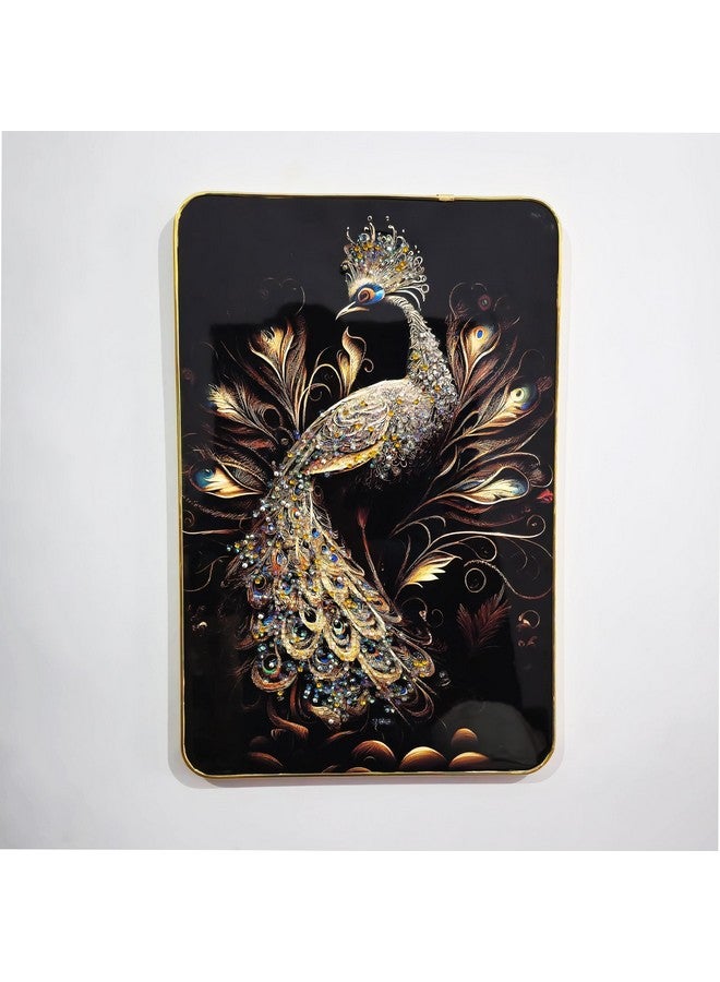 Masstone Decorative Peacock Wall Painting with Crystal Embedded High Gloss Surface Gold Slim Frame Embossed, 45x30 cm Wall Hanging Photos Home Décor Wall Art For Living Room, Bedroom, Office - Image 5