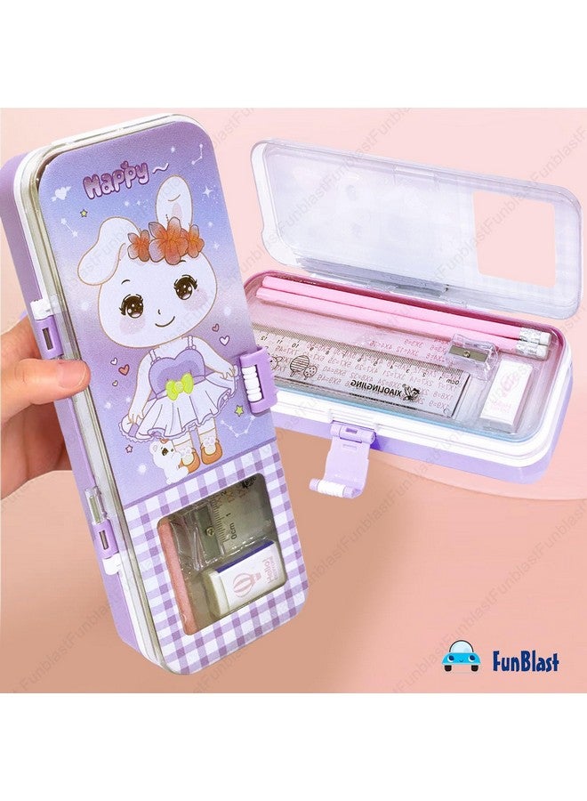 فنبلاست حافظة أقلام كرتونية من فن بلاست للبنات - علبة أقلام معدنية مع قلم رصاص وممحاة ومبراة - حافظة أقلام مزدوجة الطبقات ومنظم أدوات مكتبية، هدية عيد ميلاد للأطفال (طباعة عشوائية) (أرجواني) - Image 2