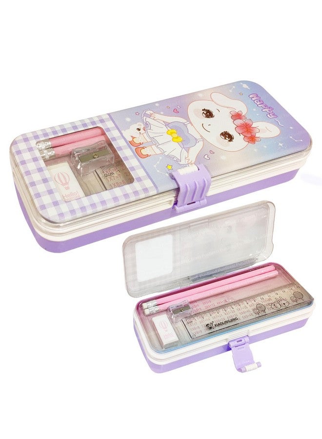 فنبلاست حافظة أقلام كرتونية من فن بلاست للبنات - علبة أقلام معدنية مع قلم رصاص وممحاة ومبراة - حافظة أقلام مزدوجة الطبقات ومنظم أدوات مكتبية، هدية عيد ميلاد للأطفال (طباعة عشوائية) (أرجواني) - Image 1