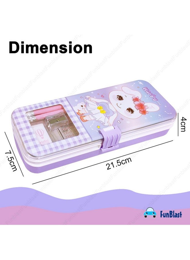 فنبلاست حافظة أقلام كرتونية من فن بلاست للبنات - علبة أقلام معدنية مع قلم رصاص وممحاة ومبراة - حافظة أقلام مزدوجة الطبقات ومنظم أدوات مكتبية، هدية عيد ميلاد للأطفال (طباعة عشوائية) (أرجواني) - Image 3