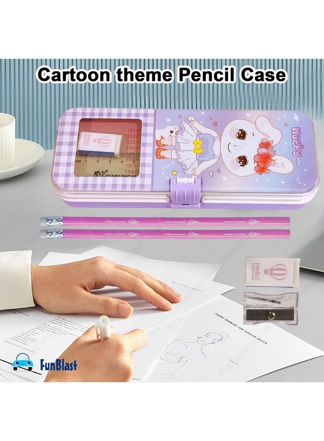 فنبلاست حافظة أقلام كرتونية من فن بلاست للبنات - علبة أقلام معدنية مع قلم رصاص وممحاة ومبراة - حافظة أقلام مزدوجة الطبقات ومنظم أدوات مكتبية، هدية عيد ميلاد للأطفال (طباعة عشوائية) (أرجواني) - Image 4