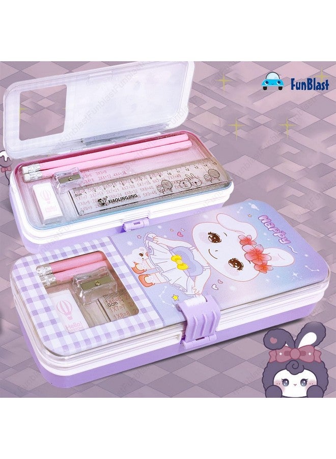 فنبلاست حافظة أقلام كرتونية من فن بلاست للبنات - علبة أقلام معدنية مع قلم رصاص وممحاة ومبراة - حافظة أقلام مزدوجة الطبقات ومنظم أدوات مكتبية، هدية عيد ميلاد للأطفال (طباعة عشوائية) (أرجواني) - Image 5
