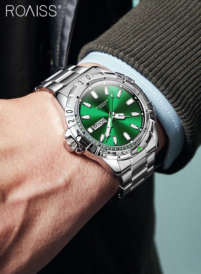 رويس ساعة كوارتز بحزام من الفولاذ المقاوم للصدأ للرجال، ساعة بقرص أخضر مستدير مع إطار كرونوغراف، ساعة يد مضيئة مقاومة للماء كهدية للرجال - Image 2