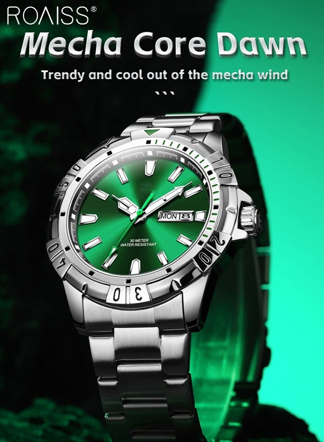 رويس ساعة كوارتز بحزام من الفولاذ المقاوم للصدأ للرجال، ساعة بقرص أخضر مستدير مع إطار كرونوغراف، ساعة يد مضيئة مقاومة للماء كهدية للرجال - Image 3