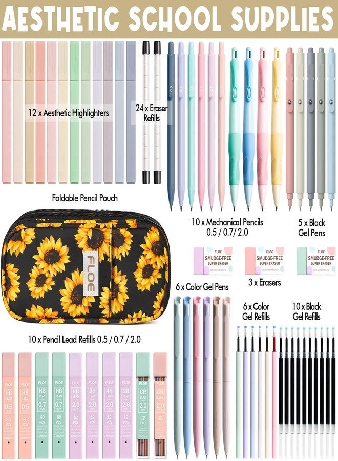 FLOE 65PCS Aesthetic School Supplies with Cute Pencil Case, Pastel Highlighters Gel Pens Mechanical Pencils Set 0.5 0.7 & 2.0mm, Office Back to School Supplies College Essentials Kit Student Stationary Set - Image 2