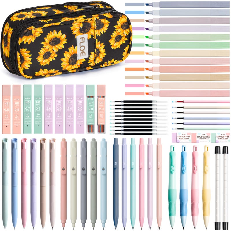FLOE 65PCS Aesthetic School Supplies with Cute Pencil Case, Pastel Highlighters Gel Pens Mechanical Pencils Set 0.5 0.7 & 2.0mm, Office Back to School Supplies College Essentials Kit Student Stationary Set - Image 1