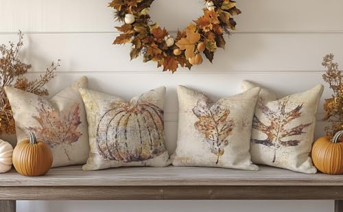 Liosei Fall Pillow Covers - 18x18, Rustic Maple Leaves Harvest Linen Throw Pillow Covers Set of 4, Farmhouse Autumn Thanksgiving Gifts for Home Room Bedroom - Image 3