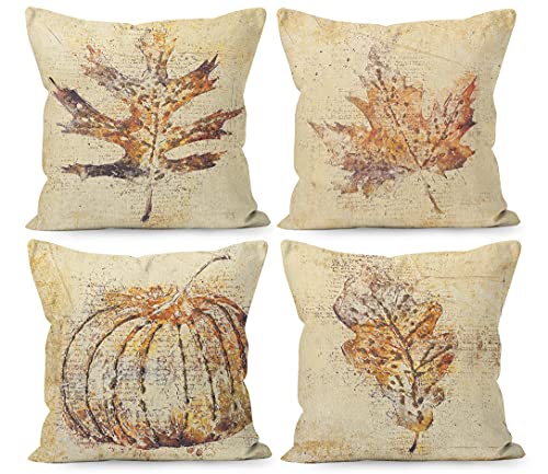 Liosei Fall Pillow Covers - 18x18, Rustic Maple Leaves Harvest Linen Throw Pillow Covers Set of 4, Farmhouse Autumn Thanksgiving Gifts for Home Room Bedroom - Image 1