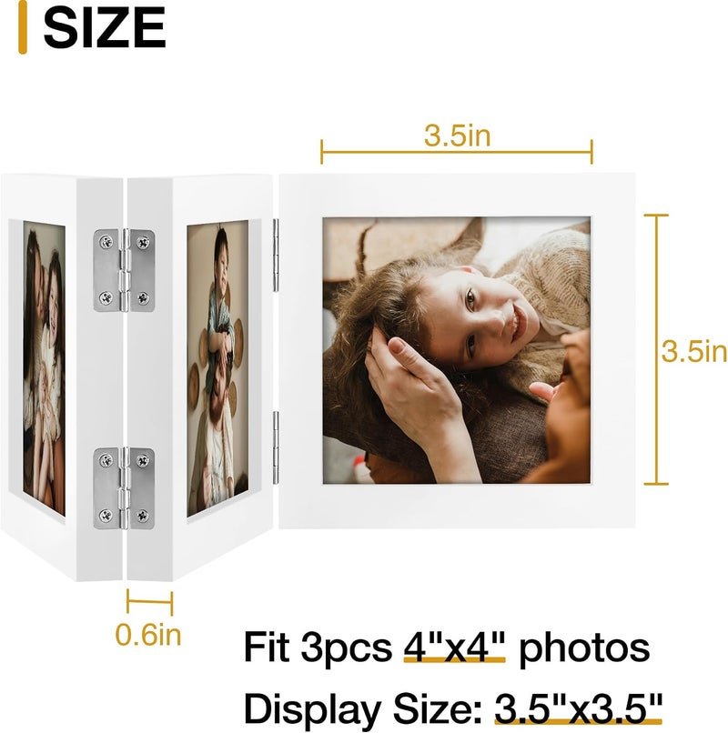 decorUhome Triple 4x4 Picture Frame Vertical, Engineered Wood Trifold Photo Frame with Plexiglass for Tabletop Display, 4x4, White - Image 4