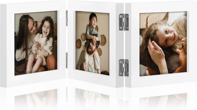 decorUhome Triple 4x4 Picture Frame Vertical, Engineered Wood Trifold Photo Frame with Plexiglass for Tabletop Display, 4x4, White - Image 1