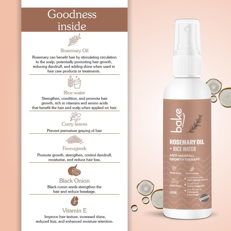 BAKE Rosemary Oil Hair Growth Serum Spray with Rice Water  Methi Dana  For Hair Fall Hair Regrowth  Keratin Treated  Strengthen Hair Follicles  For Women  Men  100ml Rosemary Spray  100ml - Image 3