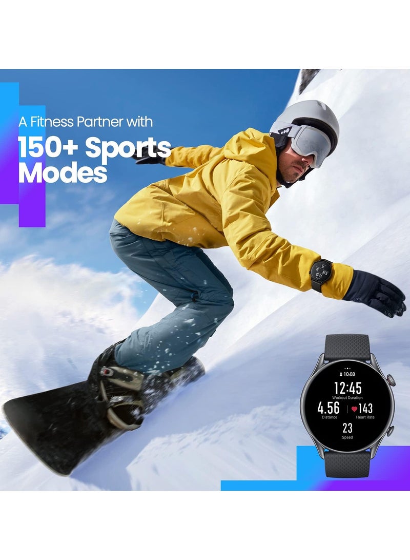 ريبنيو ساعة ذكية GTR 3 Pro 1.45 بوصة فائقة الدقة AMOLED مراقبة الصحة لمدة 24 ساعة أكثر من 150 وضع رياضي لياقة بدنية الذكاء الاسطناعي مدمجة GPS عمر بطارية طويل 12 يومًا مقاومة للماء 5 ATM (أسود) - Image 4