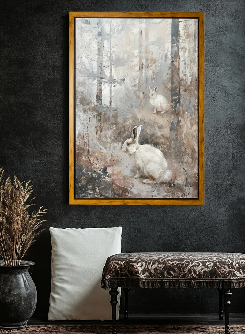 LOWHA Canvas Wall Art Stretched Over Wooden Frame with Wooden Color Floating Frame and Vintage Style Rabbits Painting