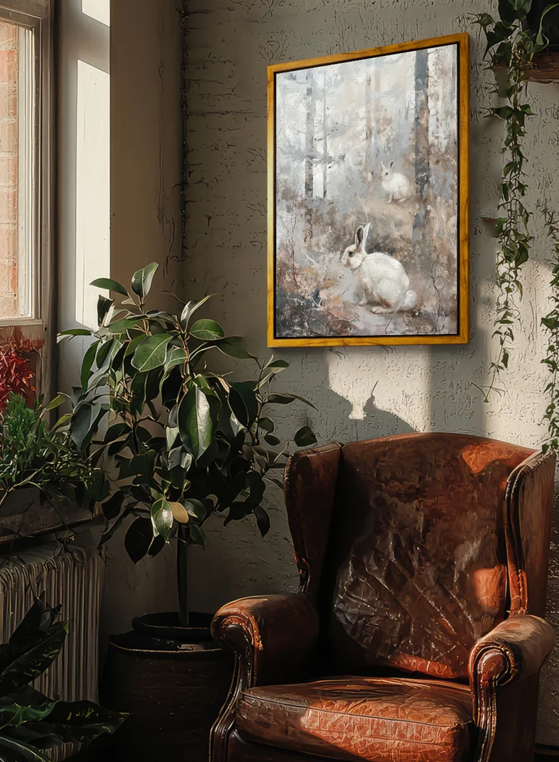 LOWHA Canvas Wall Art Stretched Over Wooden Frame with Wooden Color Floating Frame and Vintage Style Rabbits Painting