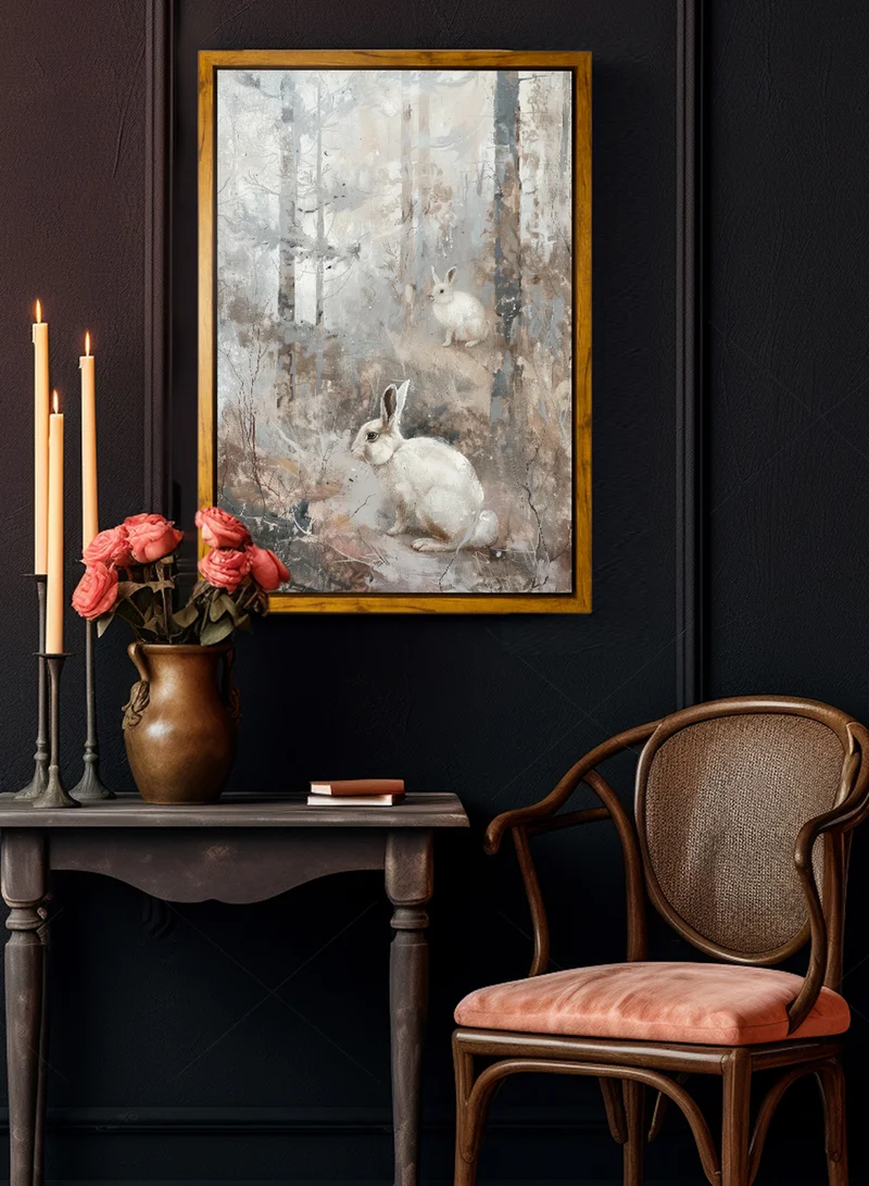 LOWHA Canvas Wall Art Stretched Over Wooden Frame with Wooden Color Floating Frame and Vintage Style Rabbits Painting