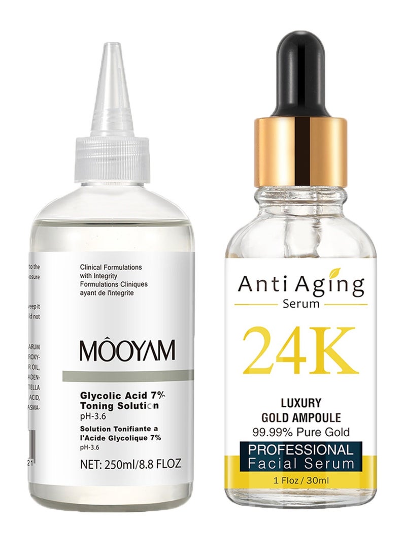 MOOYAM Glycolic Acid 7% Toning Solution & 24K Gold Anti-Aging Serum for Face Lightens Dullness Shrinks Pores and Reduces Wrinkles - Image 1