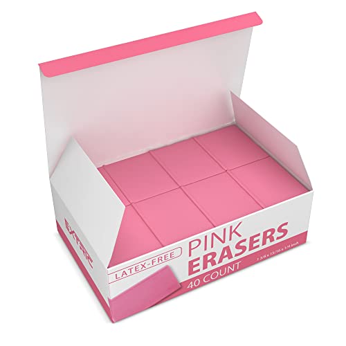 EXTRIC Pink Erasers, 40 Count, Latex Free Eraser for Kids, Square Eraser, Erasers Bulk for School Supplies, Art, and Office Use - Image 1