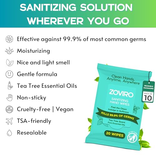Zoviro Hand Sanitizer Wipes, Moisturizing With Tea Tree Essential Oil, Ultra-Soft 100% Viscose, Hand Wipes Travel Size, Tea Tree Scent, 20 Count (Pack of 10) - Image 2