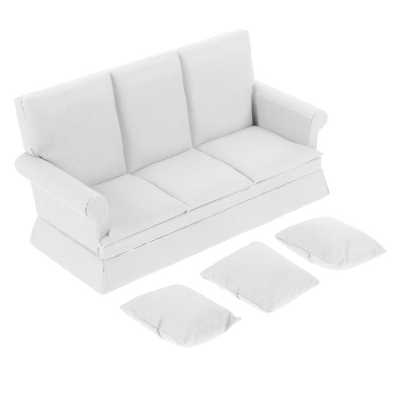 White Miniature Dollhouse Sofa Set With Three Throw Pillows For Scene Decor - Image 2