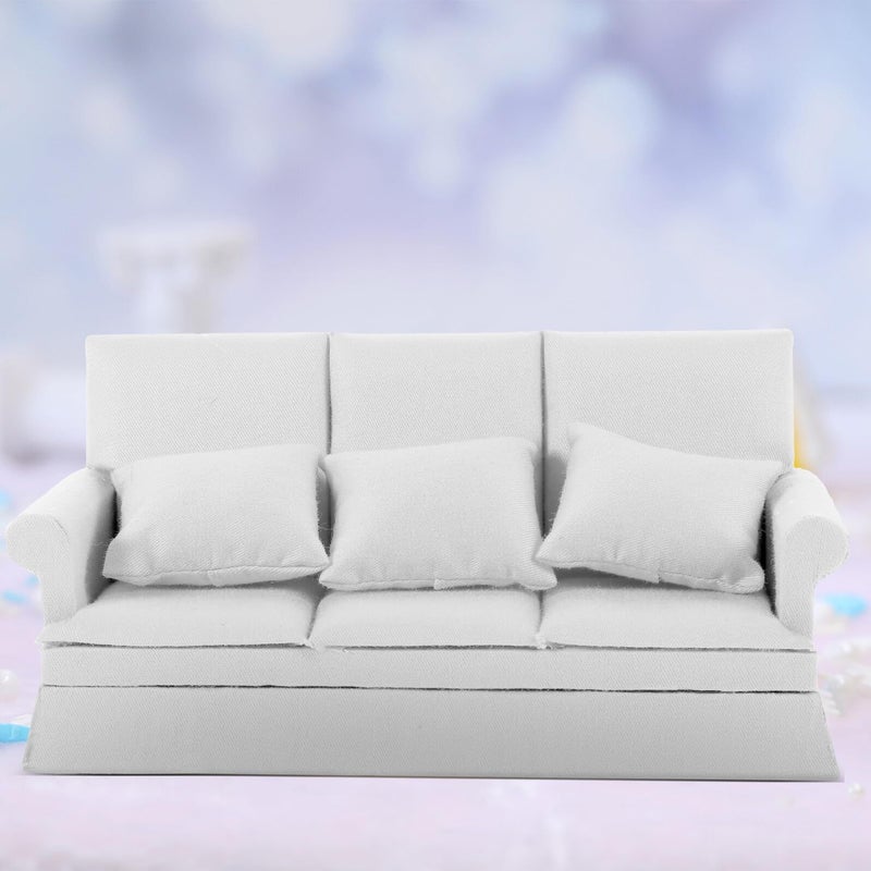 White Miniature Dollhouse Sofa Set With Three Throw Pillows For Scene Decor - Image 5