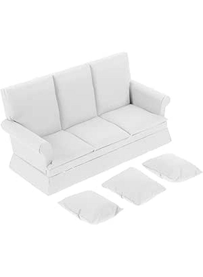 White Miniature Dollhouse Sofa Set With Three Throw Pillows For Scene Decor - Image 1