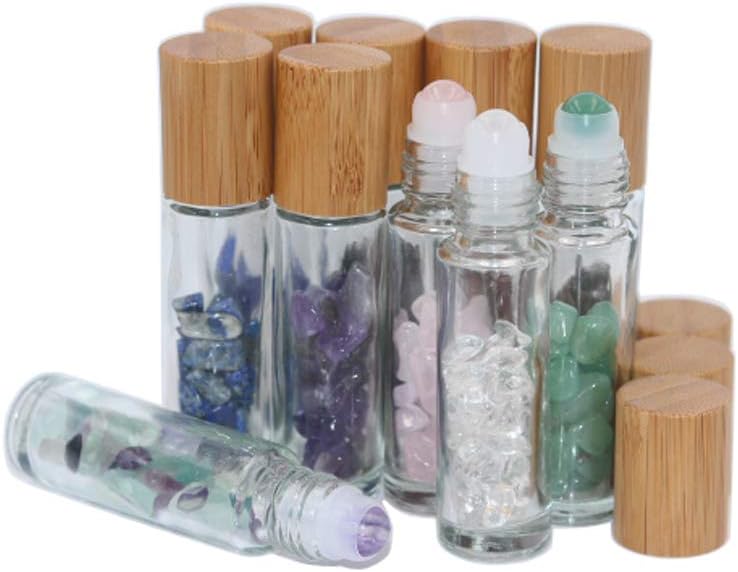 Wresty 10ml Roll On Bottle With Gemstone Rollerball&Crystal Chips Inside,10 Packs Glass Roller Bottles Essential Oil Sample Bottles(Bamboo Lids)