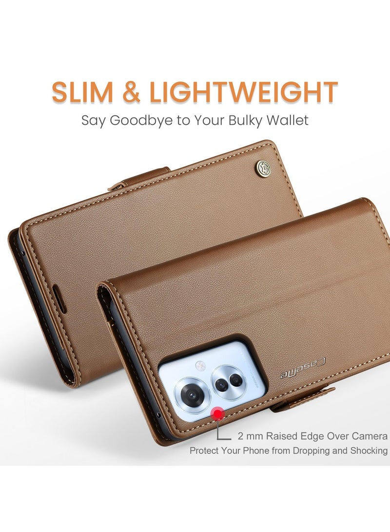 CaseMe Phone Case Luxury PU Leather Design Anti Fingerprint 023 Flip Cover Card Slot Holder Cover For Oppo Reno 11F (Brown) - Image 4