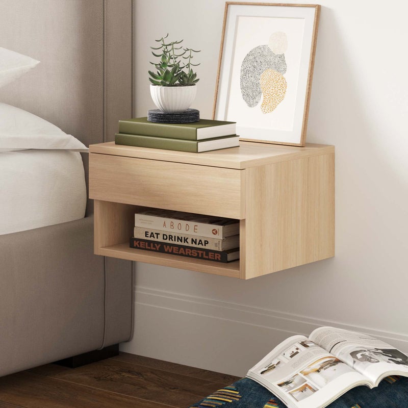 Nathan James Jackson Wall Mounted Floating Bedroom Nightstand with Storage Drawer and Modern Open Shelf Cubby Light Oak Wood