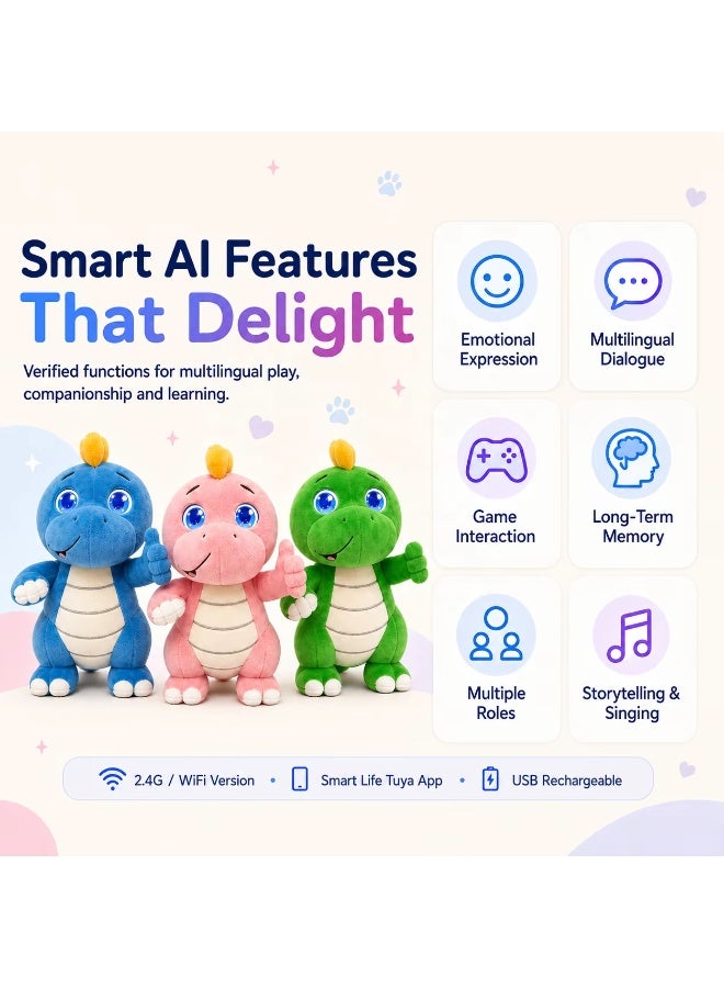 AI Plush Toy Vera Dinosaur AI Smart Plush Toy for Kids ChatGPT AI Companion Robot 69 Languages Voice Interaction Storytelling Learning Assistant Emotional Support Dinosaur Toy Birthday Gift - Image 3