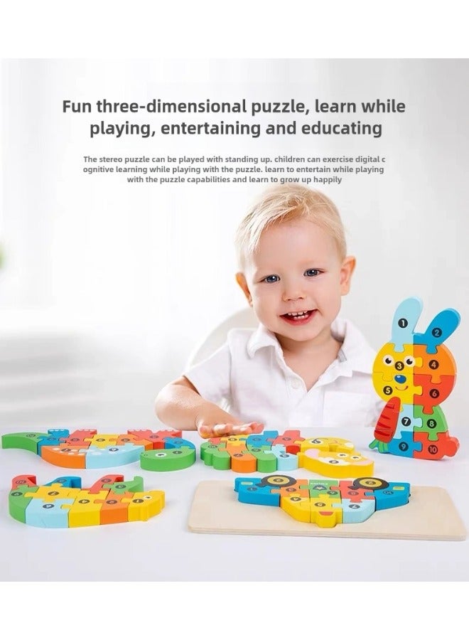 3D Cartoon Cognitive Wooden Large Particle Puzzle Three in One Set Dinosaur Rabbit Pony 2-4 Years Old 3-6 Years Old Children's Toys Parent-Child Interaction Montessori Children's Learning Aids Animal Cartoon Image Color Early Education Toys - Image 3
