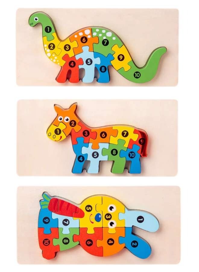 3D Cartoon Cognitive Wooden Large Particle Puzzle Three in One Set Dinosaur Rabbit Pony 2-4 Years Old 3-6 Years Old Children's Toys Parent-Child Interaction Montessori Children's Learning Aids Animal Cartoon Image Color Early Education Toys - Image 1