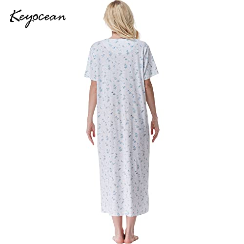 Keyocean Women Nightgowns, Soft Comfortable Lightweight Cotton Short Sleeves Ladies Nightdress, Blue Floral, Small - Image 2