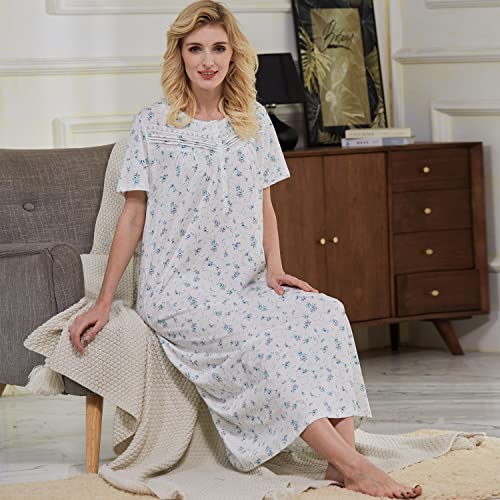 Keyocean Women Nightgowns, Soft Comfortable Lightweight Cotton Short Sleeves Ladies Nightdress, Blue Floral, Small - Image 4
