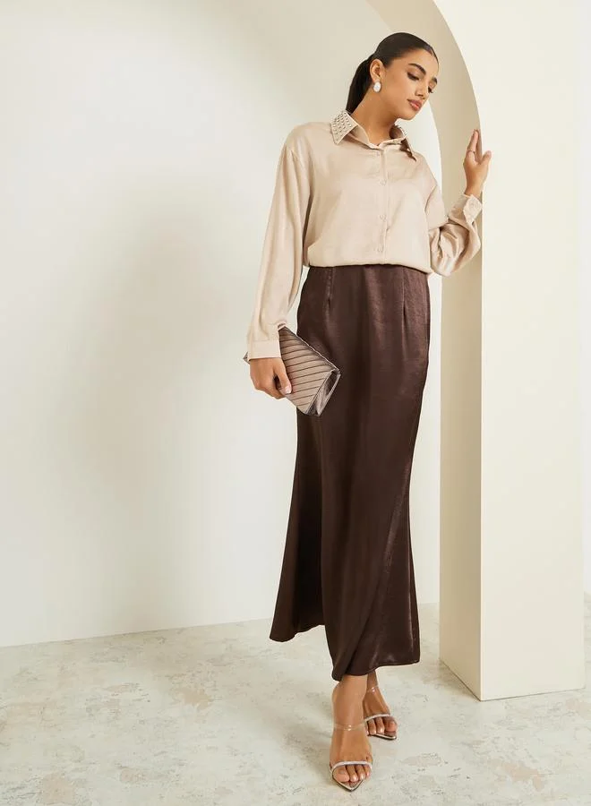 Styli Women Beige Satin Embellished Collar Shirt