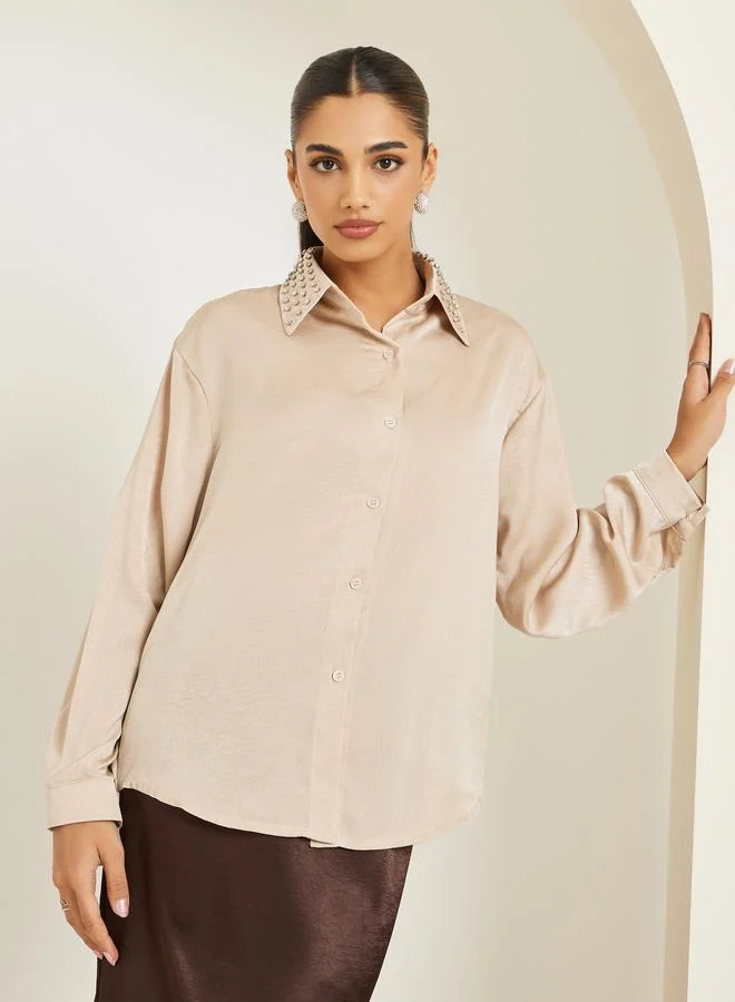 Styli Women Beige Satin Embellished Collar Shirt