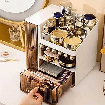 Taylor & Brown Taylor Brown Makeup Organiser Cosmetic Storage Box Make up Organizer Dressing Table Plastic Cosmetics Holder Countertop with Drawer for Beauty Skincare - Image 3