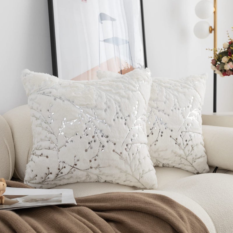 LIGICKY Set of 2 Fluffy White Faux Fur Pillow Covers Silver Branches Glitter Throw Pillows Decorative Soft Furry Sparkling Square Cushion Cases for Sofa Bedroom Party Dcor 20x20inch