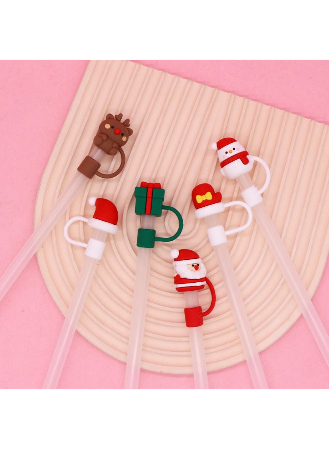 Straw Cap Soft Glue 8-10mm Straw Sleeve Cute Cartoon Party Straw Decorative Cap Dust Cover Cross Border-Color:Red Glove Snowman 10mm-Specifications:Bag Contains Straw  - Image 4
