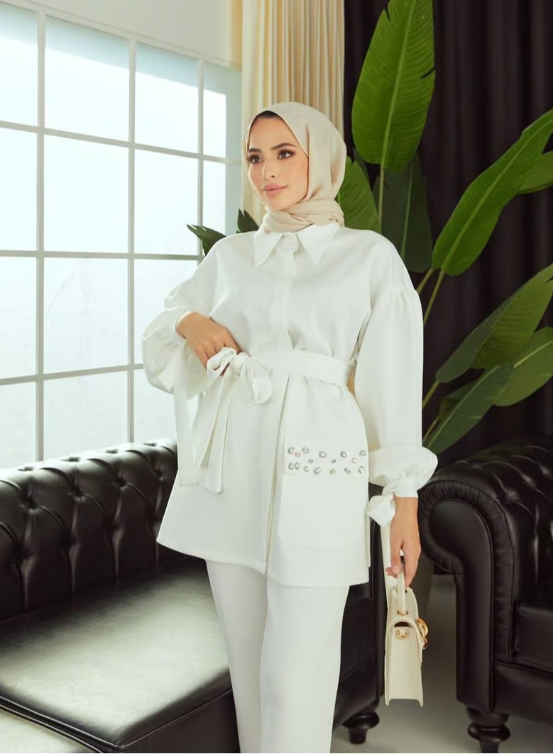 إيلياء فاشون طقم أنيق بحزام مع تصميم راقٍ من نسيج طبيعي - Image 1