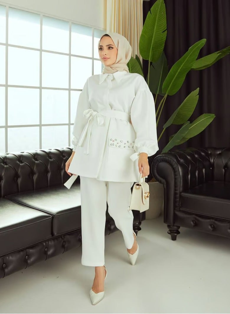 إيلياء فاشون طقم أنيق بحزام مع تصميم راقٍ من نسيج طبيعي - Image 2