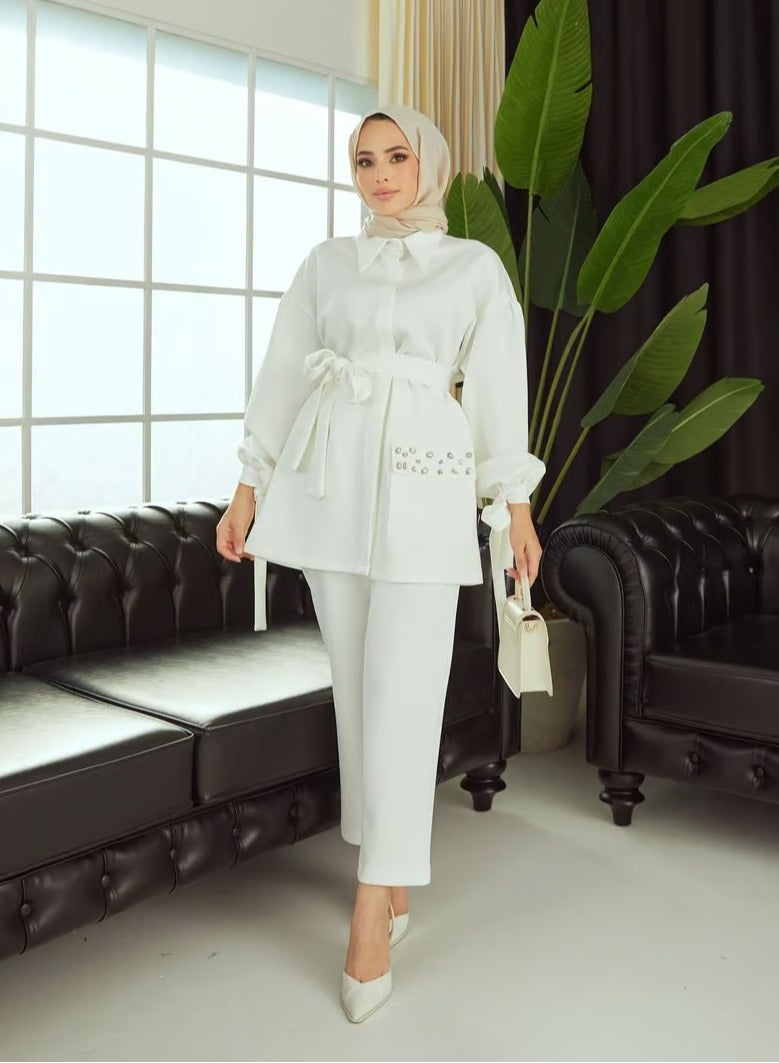 إيلياء فاشون طقم أنيق بحزام مع تصميم راقٍ من نسيج طبيعي - Image 3