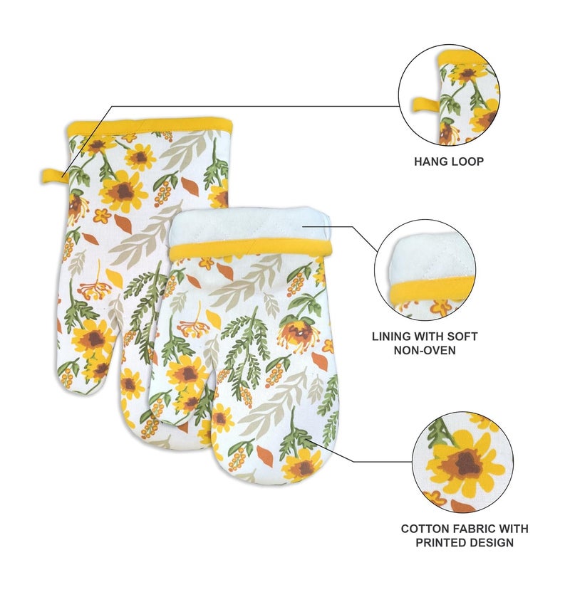 Pixel Home Printed Apron with Centre Pocket, Glove, and Pot Holder - Small Flower Design - Image 3