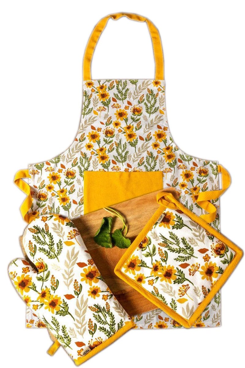 Pixel Home Printed Apron with Centre Pocket, Glove, and Pot Holder - Small Flower Design - Image 1