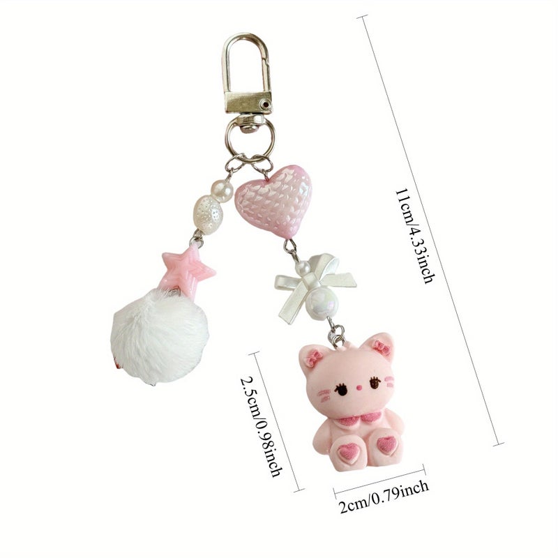 Faux Fur Pom Pom Rabbit Ear Keychain Heart Lanyard Anti Loss Set 2pcs - Image 2