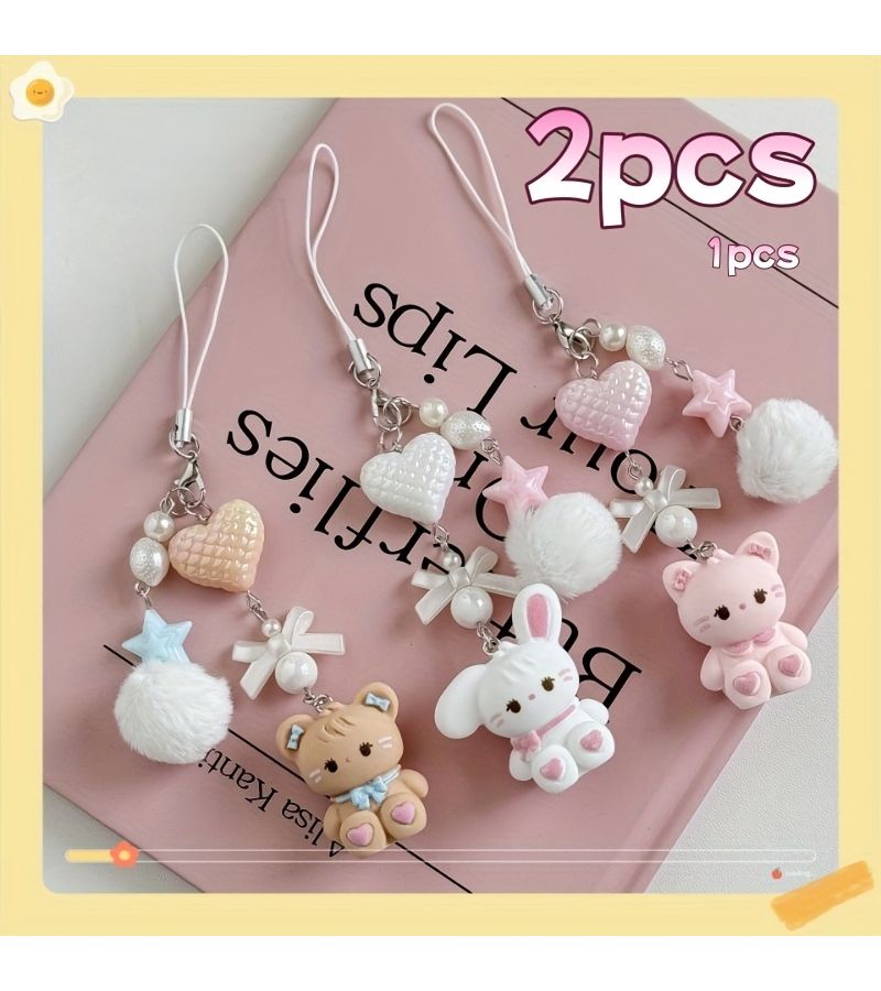 Faux Fur Pom Pom Rabbit Ear Keychain Heart Lanyard Anti Loss Set 2pcs - Image 1
