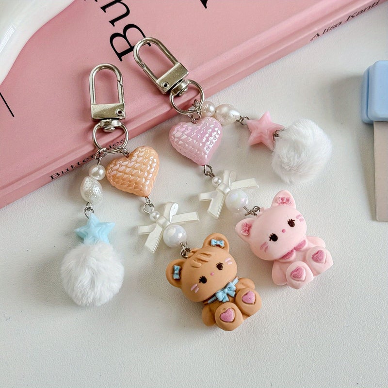 Faux Fur Pom Pom Rabbit Ear Keychain Heart Lanyard Anti Loss Set 2pcs - Image 3