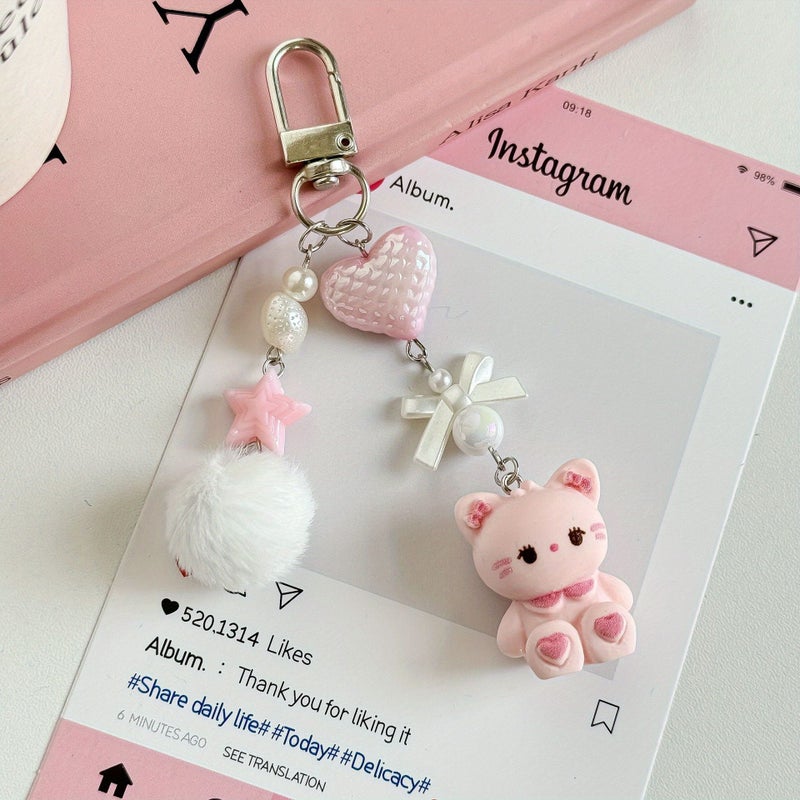 Faux Fur Pom Pom Rabbit Ear Keychain Heart Lanyard Anti Loss Set 2pcs - Image 5