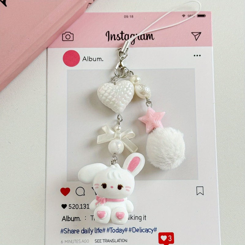 Faux Fur Pom Pom Rabbit Ear Keychain Heart Lanyard Anti Loss Set 2pcs - Image 4